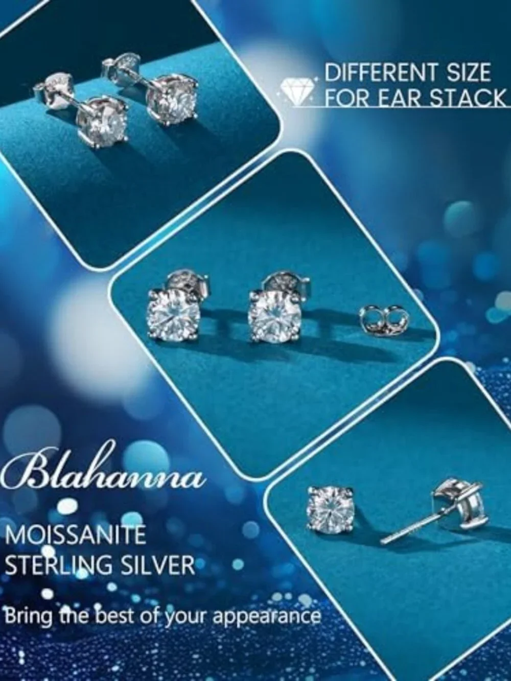 Men's Moissanite Stud Earrings in Sterling Silver, 14K White Gold Plated